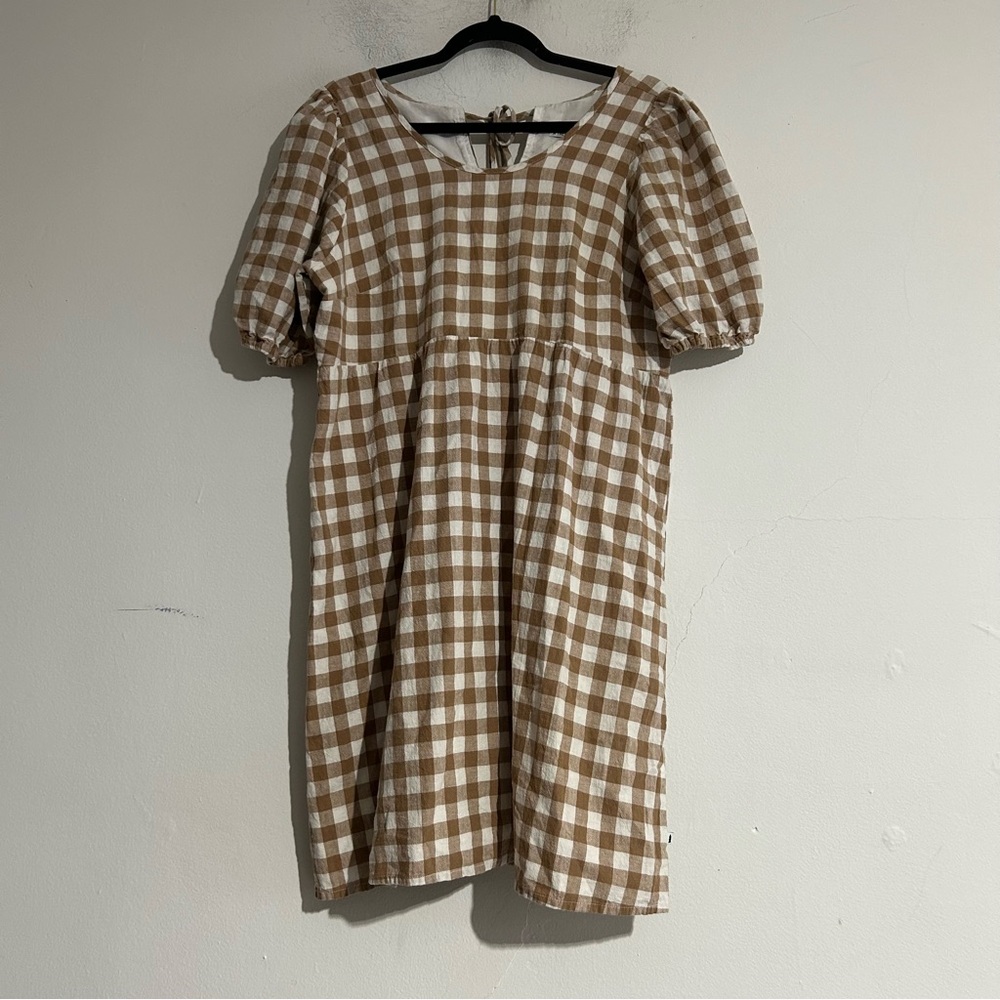 North Kinder The Jilly Box Gingham Hemp Organic Cotton Mini Dress Tan Neutral